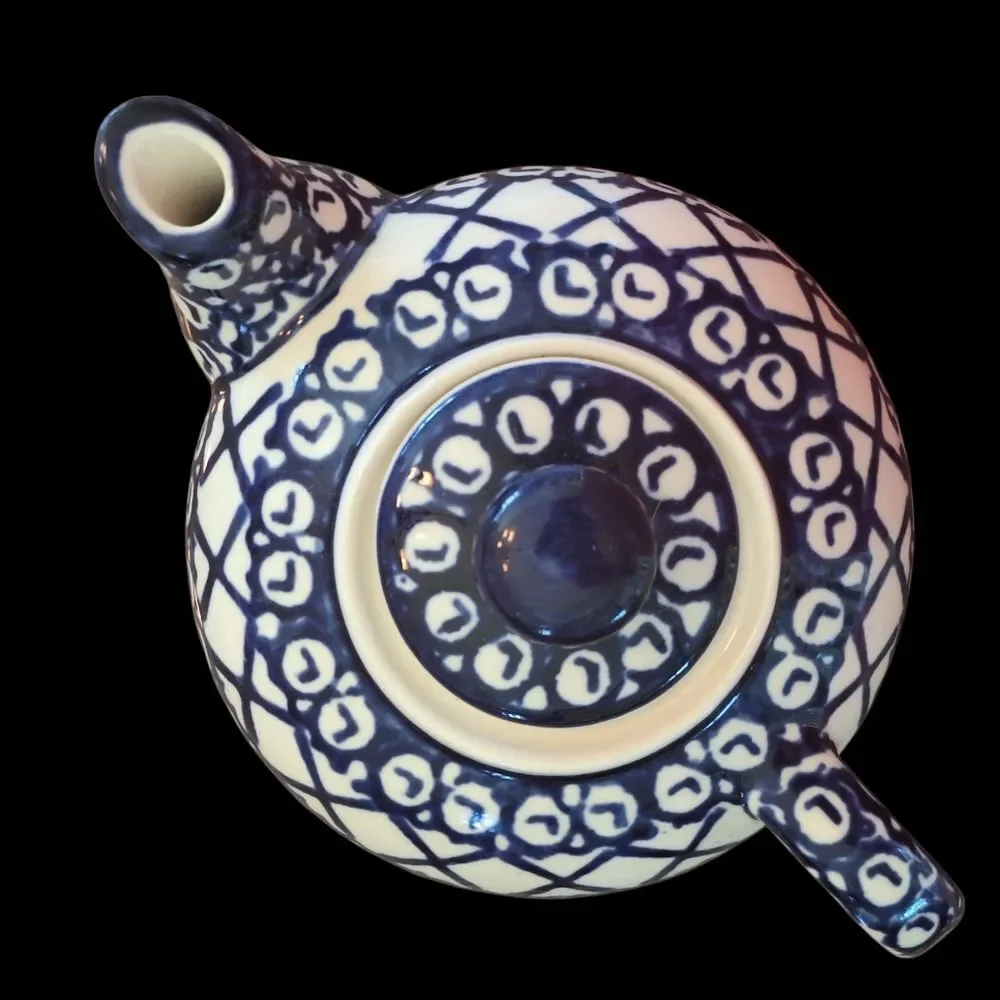 Polish Pottery Authentic Bolesławiec Teapot Hand Made 16 Oz 1 Pint BLUE 2 cups